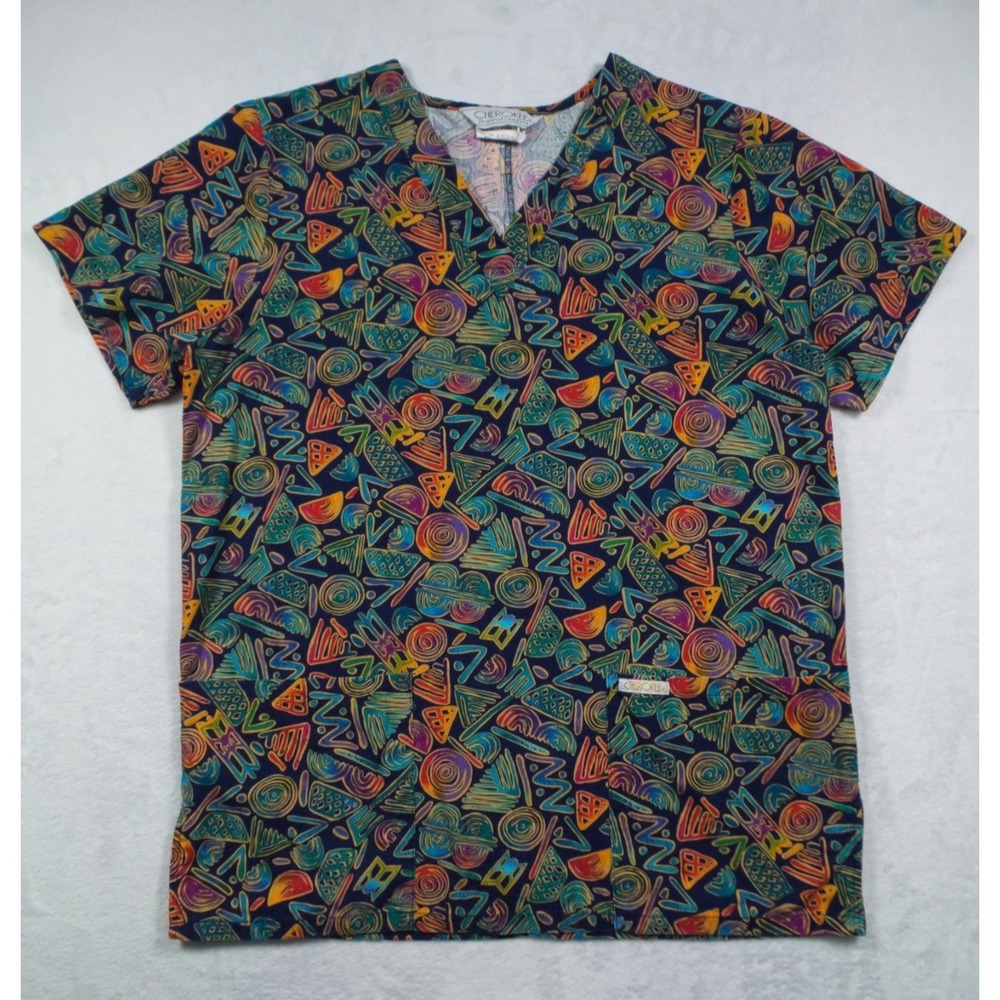 Vintage Cherokee Scrub Top Womens Size Small Multicolor Retro Geometric Abstract